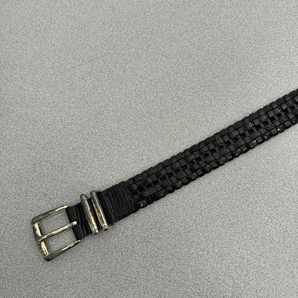Calé Belt Mens OS Black Woven Leather Made in Spain Lizard Embossed Silver 1.25
